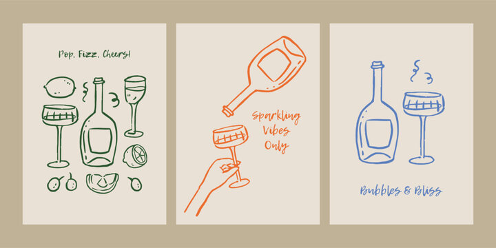 Vector hand painted trendy Italian wine glasses and bottle outline illustration print. Elegant flat minimalist hand drawn modern art poster composition