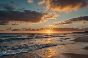 Obraz premium Serene Ocean Sunset with Vibrant Colors - Peaceful Waves and Dramatic Sky