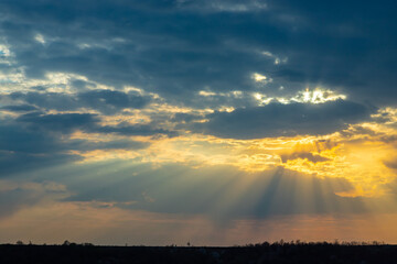 Horizon panorama and dramatic twilight sky and cloud sunset background. Natural sky background texture, beautiful color. Dark clouds, big storm and rain. Weather and nature concept
