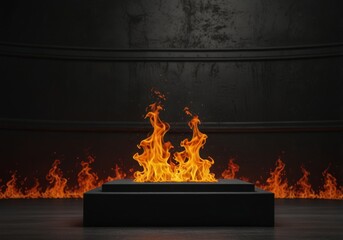 Obraz premium black podium on a background of fire