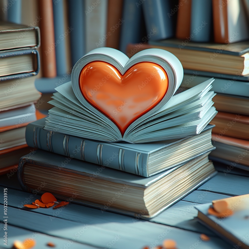 Poster artistic 3d rendering of a blank book with a heartshaped open page elegantly positioned among stacke