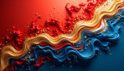 Bold strokes of red, blue, and gold intertwine in this energetic composition, creating a visual symphony that captivates with its flowing forms and rich textures