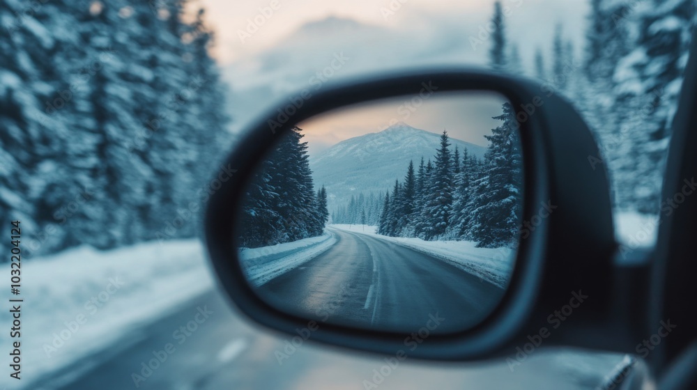 Poster a car drives down a winding road through a snow-covered forest. the road is visible in the car's sid