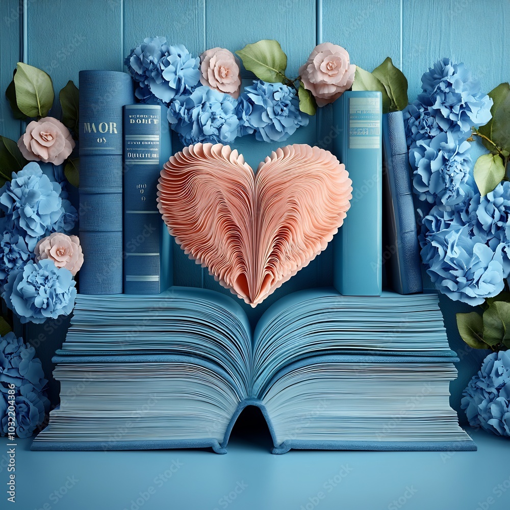 Poster artistic 3d rendering of a blank book with a heartshaped open page elegantly positioned among stacke