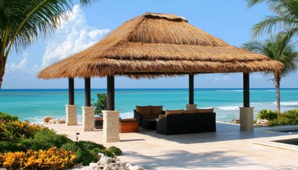 A tropical beachside gazebo with a thatched roof, offering a relaxing space to enjoy the ocean view and surrounding greenery.