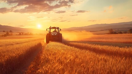 Obraz premium Tractor Driving Through Golden Wheat Fields at Vibrant Sunset in Scenic Agricultural Landscape