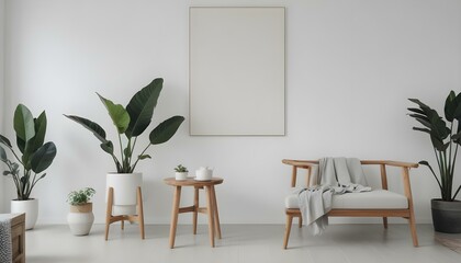 A minimalist living room with a large white wall, a potted plant, a wooden stool, and a wooden bench.