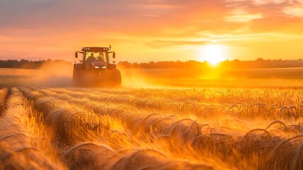 Fototapeta premium Tractor Driving Through Vibrant Wheat Field at Dramatic Sunset with Trailing Dust