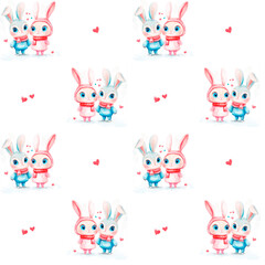 A repeating pattern of two adorable cartoon bunnies, one in blue and the other in pink, surrounded by floating hearts. The bunnies stand close, radiating love.