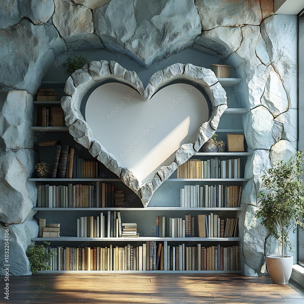Poster artistic 3d rendering of a blank book with a heartshaped open page elegantly positioned among stacke