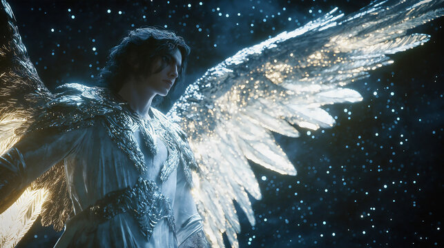 Archangel Raguel, the guide of souls and God's Friend from the Bible, stands with his magnificent wings, dressed in white silk. He leads souls by divine command.