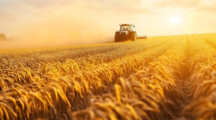 Fototapeta premium Tractor Plowing Through Vast Golden Wheat Field at Sunset,Dust Clouds Rising in Scenic Rural