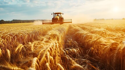 Fototapeta premium Tractor Plowing Through Vast Golden Wheat Field During Sunset Harvest