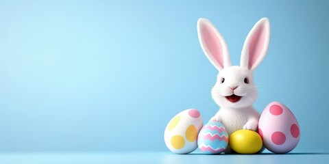 Obraz premium Cute Bunny with Colorful Easter Eggs on a Blue Background