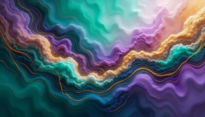 Rich waves of green, purple, and gold intertwine in a captivating display, reflecting the allure of abstract forms found in natural landscapes during dusk