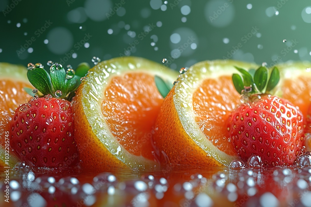 Wall mural a close up of a strawberry and orange on a table