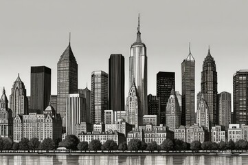 Fototapeta premium Monochrome City Skyline with Modern Skyscrapers - Sleek Black and White Urban Silhouette