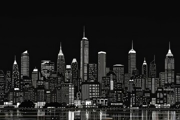 Obraz premium Monochrome City Skyline with Modern Skyscrapers - Sleek Black and White Urban Silhouette
