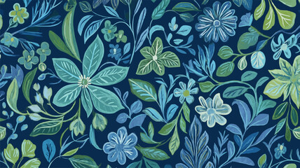 a blue and green floral pattern with leaves and flowers, Floral motifs and botanical elements intertwining in a lush tapestry