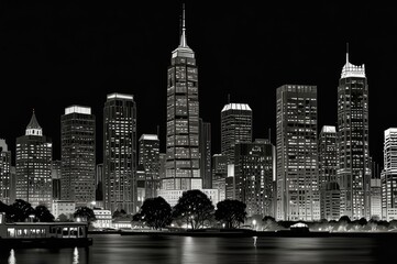 Obraz premium Monochrome City Skyline with Modern Skyscrapers - Sleek Black and White Urban Silhouette