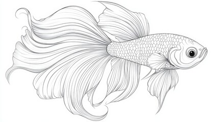 Line art illustration of a Siamese fighting fish with flowing fins, isolated on white background.
