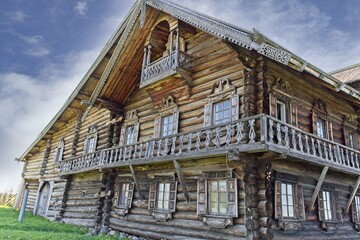  Kizhi Island, Russia, July 10, 2024. Facade of an old wooden hut.                              