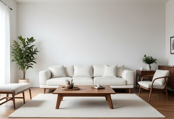 A modern living room with a white sofa, a wooden coffee table, and a large blank wall above the couch.