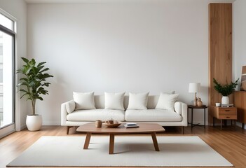 A modern living room with a white sofa, a wooden coffee table, and a large blank wall above the couch.