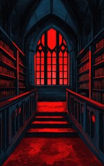 Obraz premium Gothic library interior with red lighting and dark wooden shelves, eerie atmosphere.