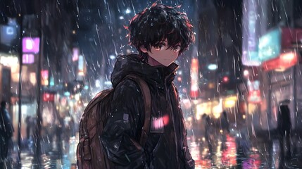 Obraz premium Cartoon boy holding an umbrella on a rainy day