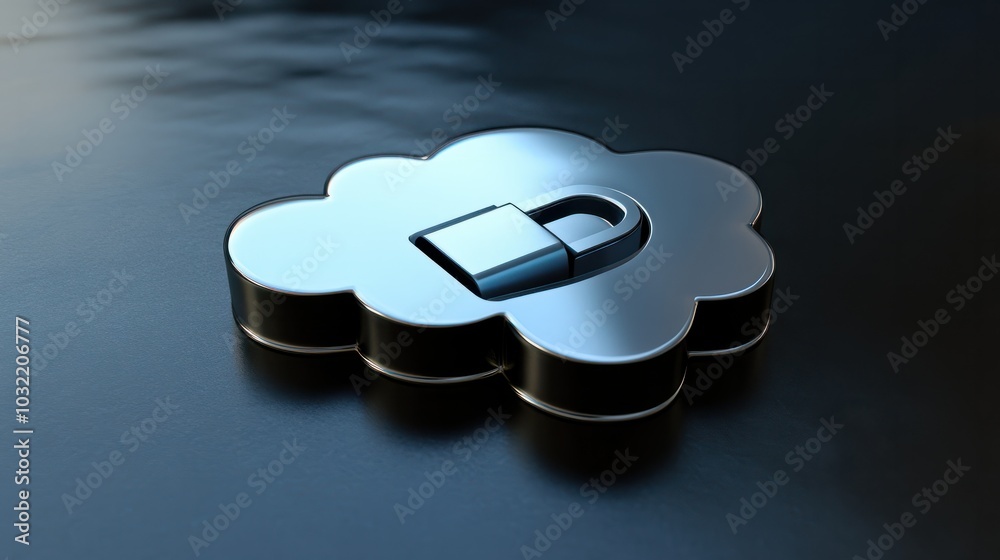 Poster this 3d. depicts a digital cloud with a lock symbol embedded within it, symbolizing data security, c