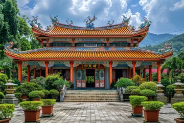 Fototapeta premium Ornate traditional chinese temple standing on a mountainside with lush green plants and a blue sky with clouds