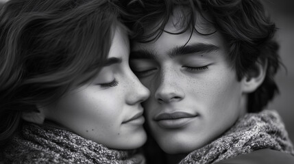Obraz premium A close-up black-and-white shot of two people, one leaning forward with eyes closed, while the other gently rests their forehead against the first, capturing a deeply emotional and intimate moment.