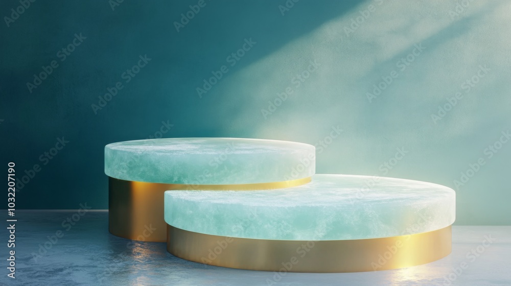 Aufkleber two turquoise podiums with gold trim sit on a reflective blue surface. the podiums are stacked on to