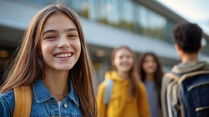 Obraz premium Young girl with yellow backpack smiling with friends