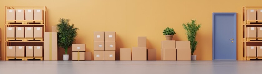 Warehouse interior with shelves, boxes, plants, and a blue door on a yellow wall.