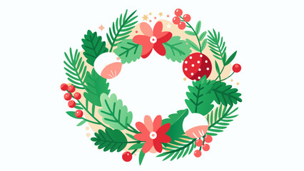 Beautiful Christmas wreath adorned with flowers and festive greenery on a light background

