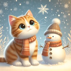 a cat playing with a snowman 