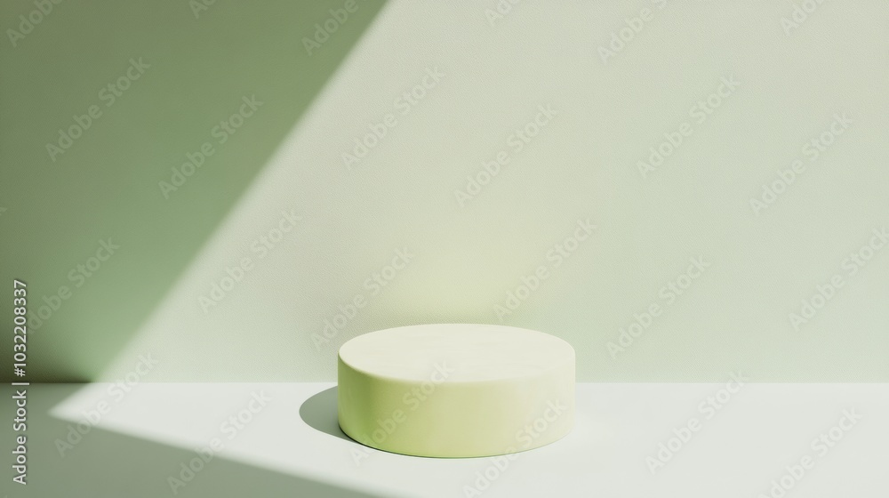 Poster minimalist pastel green podium mockup with soft shadows and diffused lighting on light green backgro