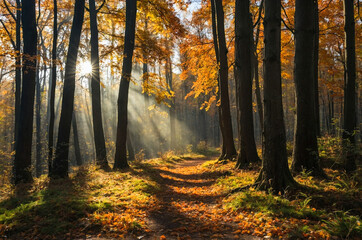 Fototapeta premium Autumn forest, woodland with fallen leaves. Magic nature landscape.
