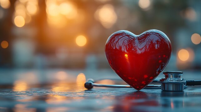 Artistic composition of a red heart shape intertwined with a doctor's stethoscope on a blurred hospital background embodying World Heart Health Day with a warm glow illuminating the scene