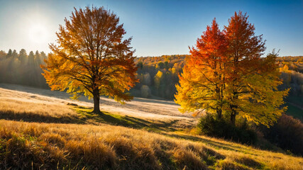 Fototapeta premium Autumn landscape background. Sunny day with oak tree, meadow and yellow leaves.
