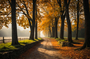 Naklejka premium Autumn forest, woodland with fallen leaves. Magic nature landscape.