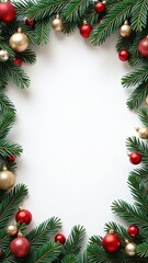 christmas frame with christmas tree branches and balls, white background