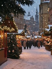 Fototapeta premium Christmas-themed travel background, showcasing festive winter streets and Christmas markets with warm lights 