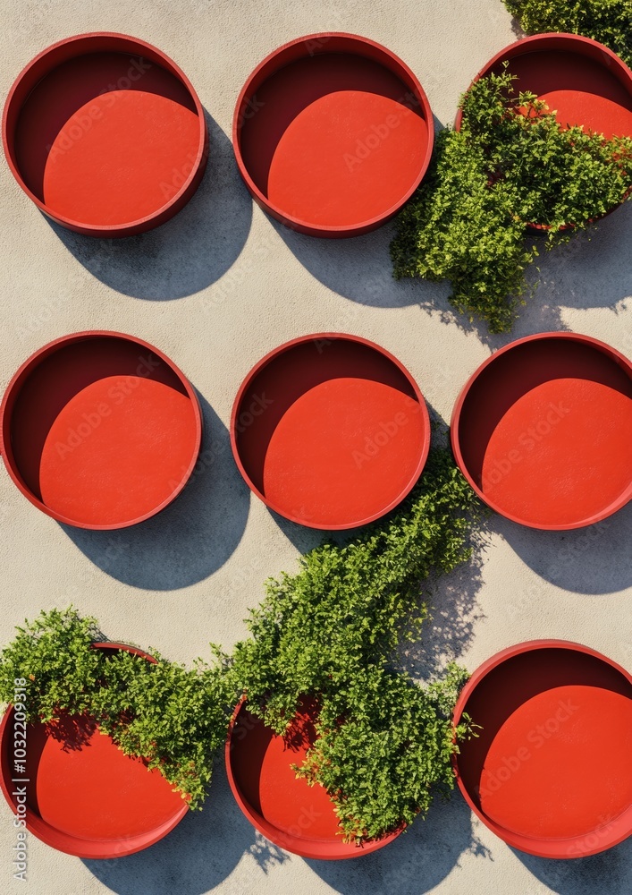 Poster Artistic Aerial View of Red Circular Frames With Greenery Creating Symmetrical Patterns