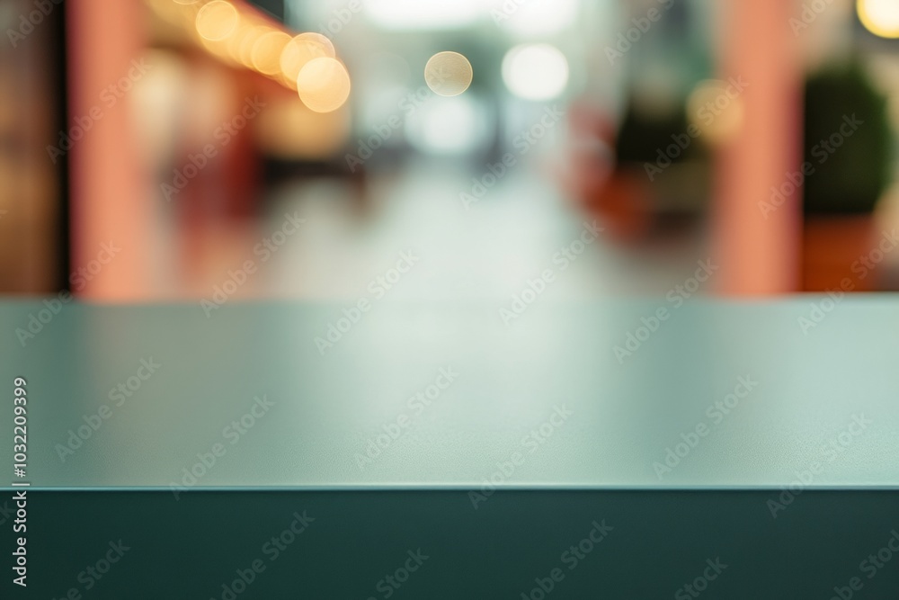 Poster minimalist green tabletop with blurred orange shopping bags in background creating bokeh effect