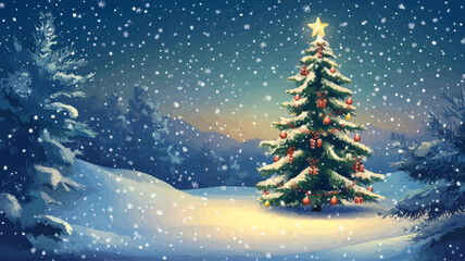 Christmas tree in the snow. Winter landscape. Vector Illustration.