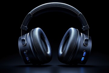 A pair of headphones with a black headband and a blue button on the side