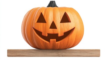 Bright orange Halloween pumpkin with carved smiling face, resting on a wooden surface, perfect for festive decorations and autumn celebrations.